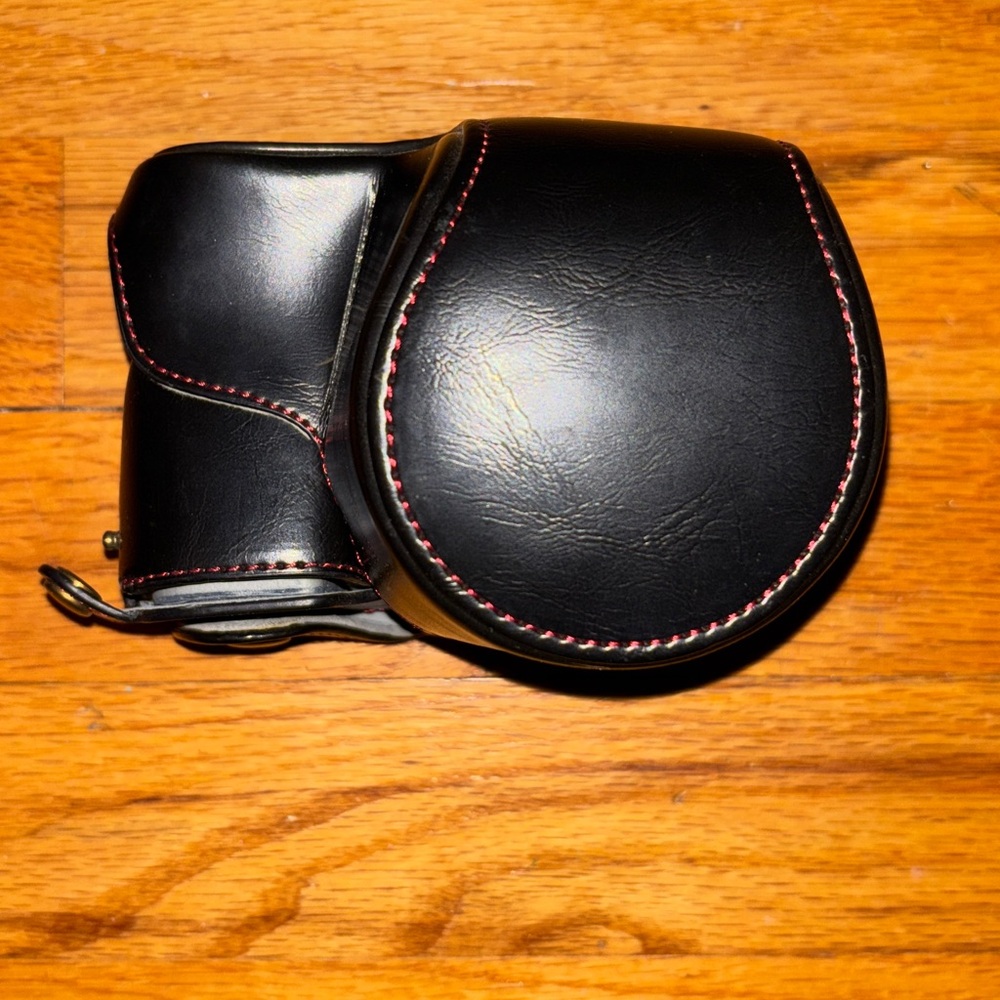 Black Leather Camera Case with Red Stitching